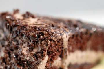 Chocolate cake with cream filling closeup. Shallow depth of field