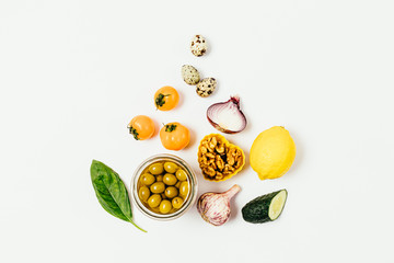 Lemon, vegetables, nuts and eggs