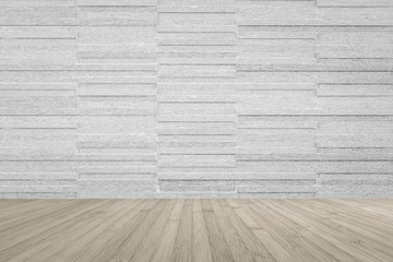 Modern marble tile wall pattern  background in light white grey color with wooden floor in sepia brown tone