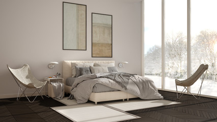 Modern white and gray minimalist bedroom, bed with pillows and blankets, parquet, bedside tables and carpet. Panoramic window with winter panorama with trees and snow, interior design