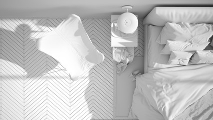 Total white project of minimalist bedroom, bed with pillows and blankets, parquet, bedside tables and carpet, large panoramic window, modern architecture concept idea, top view