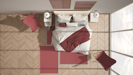 Modern red colored minimalist bedroom, bed with pillows and blankets, herringbone parquet floor, bedside tables, armchair and carpet. Architecture, interior design concept, top view