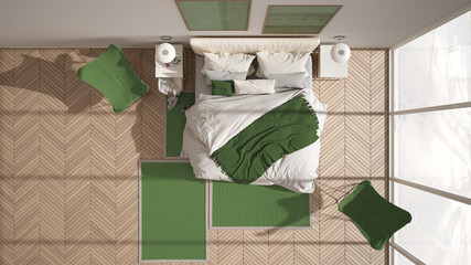 Modern green colored minimalist bedroom, bed with pillows and blankets, herringbone parquet floor, bedside tables, armchair and carpet. Architecture, interior design concept, top view