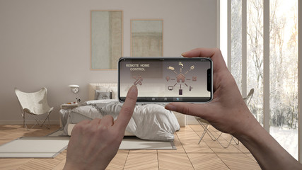 Remote home control system on a digital smart phone tablet. Device with app icons. Interior of...