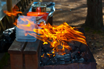 flame of fire in a barbecue outdoors