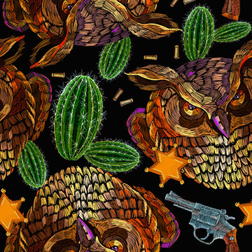 Embroidery owl, cactus, sheriff star and guns. Wild west seamless pattern. Mexican art. Crime concept. Template for clothes, tapestry, t-shirt design