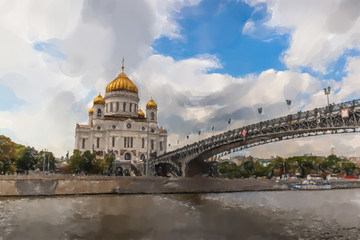 Fototapeta na wymiar View of the Cathedral of Christ the Savior. Moscow, Russia - Watercolor style.