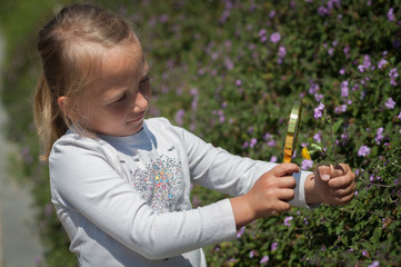 girl the Explorer of nature with magnifying glass