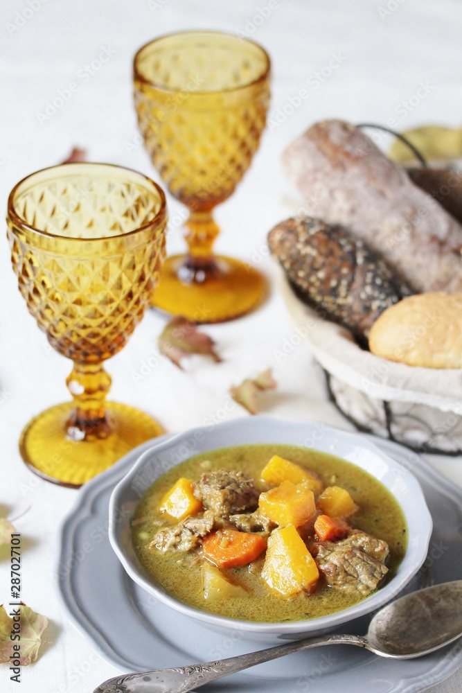 Canvas Prints thick soup with pumpkin and beef. hearty autumn dish