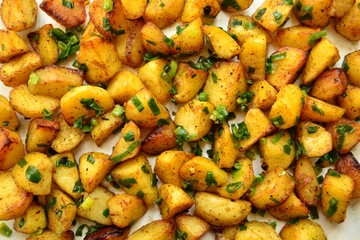Chips with chives. Fried Potatoes with green beans, asparagus. Food in a  plate on a dark black concrete table background.