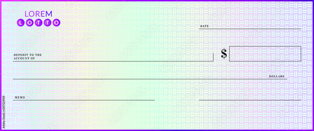 Wall mural blank lottery check template. fake cheque page mockup.