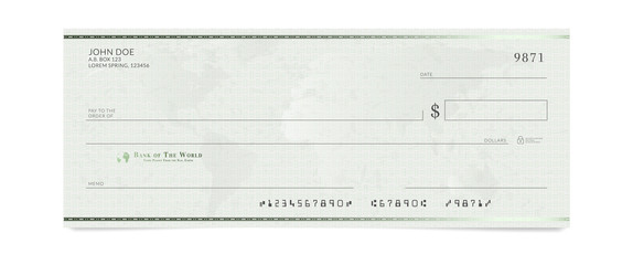Blank bank check template. Fake cheque page mockup.