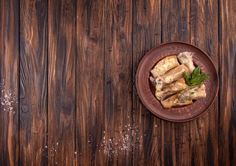 Fototapeta premium Oyster mushrooms, pleurotus eryngii cooked with cream and thyme on plate. Delicious and healthy food