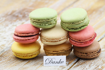 Danke (thank you in German) card with stack of colourful macaroons