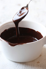 Chocolate sauce on  a white wooden background