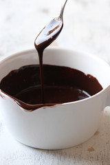 Chocolate sauce on a white wooden background