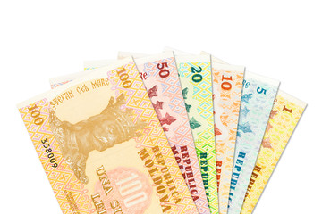 some moldovan leu banknotes indicating growing economics with copyspace