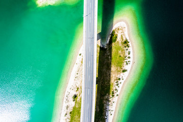 Sylvenstein Lake Bavaria Germany. Bridge for cars over water. Aerial View