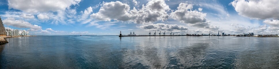 Aarhus, Denmark. Waterfront and Harbor with cranes. Panoramic view. The port of Aarhus is...