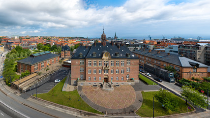 Naklejka na ściany i meble Aarhus, Denmark. Aerial view of the city wiht the Aarhus Court (Danish: Retten i Aarhus).