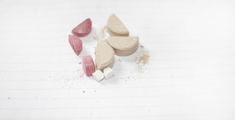 Pills and Blister Pack.  Painkillers and drug abuse. Colored pills. Natural medicine. Medical supplies. Close up, Cover photo