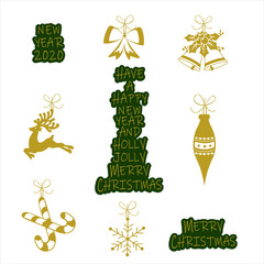Merry Christmas and Happy New Year set. Holiday lettering templates and Christmas toy for greeting cards, overlays. Vector illustration.