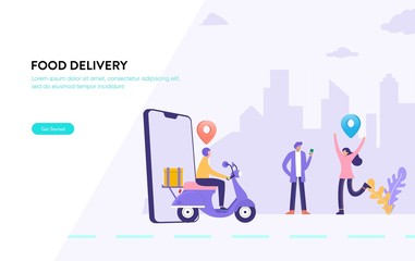 men order food via smartphone, online food delivery service vector illustration concept, happy woman waiting her package can use for, landing page, template, ui, web, mobile app, poster, banner, flyer