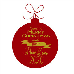 Gold inscription inside the cartoon style christmas ball with red bow. Vector illustration.
