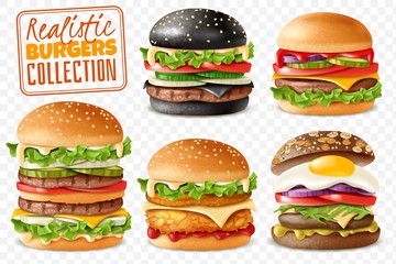 Realistic burgers collection transparent background set - obrazy, fototapety, plakaty