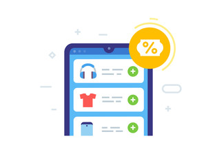 Discount, smartphone, purchase benefit. Flat illustration Icons infographics. Landing page site print poster.