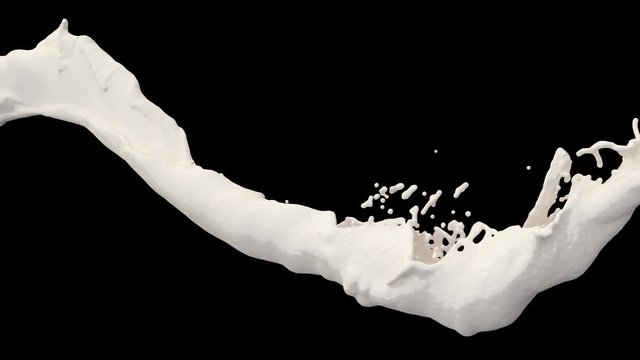 4K slow motion 3D vortex milk flow with a splashes isolated on a black background with alpha matte