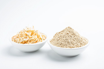Dried seafood white shrimp and shrimp skin powder on white background