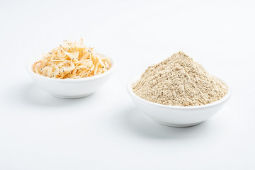 Dried seafood white shrimp and shrimp skin powder on white background