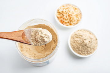 A jar of nutritious shrimp skin and shrimp skin on a white background