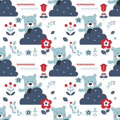 Seamless flower pattern with bears and forest elements in Scandinavian style. Vector Illustration. Kids illustration for nursery design. Great for baby clothes, greeting card, wrapper.