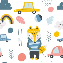 Wallpaper murals Animals in transport Seamless pattern with cute fox, cars, elements in Scandinavian style. Vector childish texture for textile. Kids illustration for nursery design. Great for baby clothes, greeting card, wrapper.