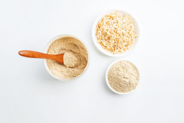 A jar of nutritious shrimp skin and shrimp skin on a white background