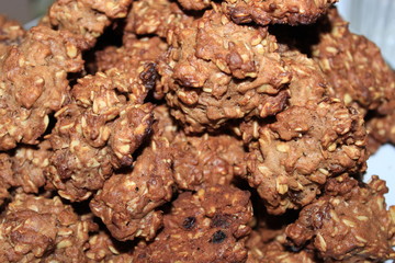 Tasty chocolate oatmeal cookies close-up.