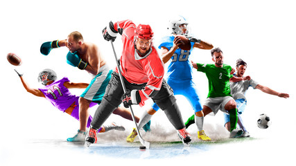 Multi sport collage football boxing soccer ice hockey on white background