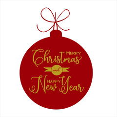 Gold inscription inside the cartoon style christmas ball with red bow. Vector illustration.