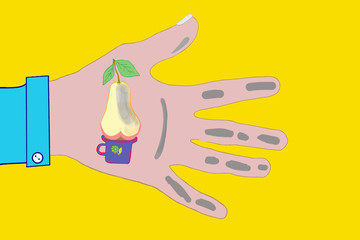 Dirty hand and one pear. Wash hands, fruits, and vegetables before eating. Hygiene, sanitation