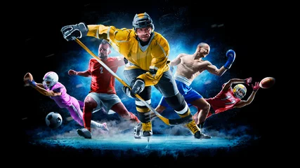Foto op Plexiglas Multi sport collage football boxing soccer ice hockey on black background © 103tnn