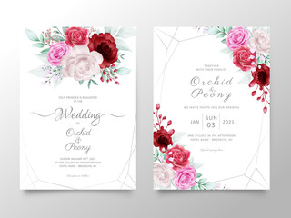 Wedding invitation card template set with watercolor roses and peonies flowers. Botanic decorative save the date, greeting, thank you, rsvp cards.