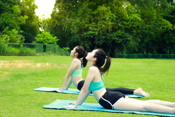 Two pretty Asian teen women are practicing yoga in the garden park at nature, sport females are doing exercises outdoor, fitness and healthy lifestyle concept.