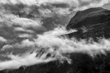 Black and white image of mountain molden in luster, norway