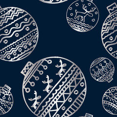 Silver christmas decor seamless pattern. Use for background, wrapping paper, covers, fabrics, postcards, stationery. Bright Scandinavian decor on a dark background. Vector.