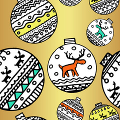 Colored christmas decor seamless pattern. Use for background, wrapping paper, covers, fabrics, postcards, stationery. Scandinavian decor on a gold background. Vector.
