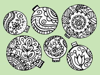 Set of Christmas decorative balls - colorings. Use for background, wrapping paper, covers, fabrics, cards, stationery, invitations. Floral decor. Vector.