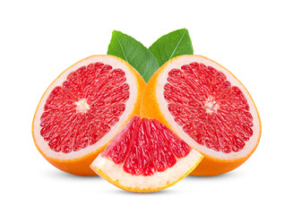 Ripe half of pink grapefruit citrus fruit with leaf isolated on white background.