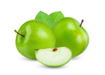 green apple with leaf isolated on white background